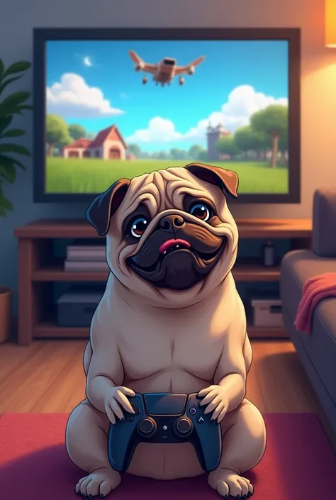 A pug playing Fortnite on a Pley 5 