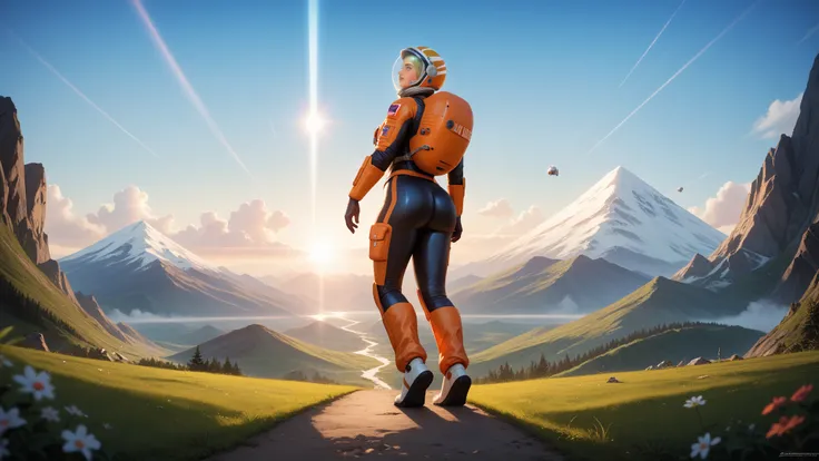 (date:20250212, By:Joulios) (No Man's Sky wallpaper:1.6) Highly detailed RAW color Photo, Rear Angle, Full Body, of (female space astronaut, wearing orange and white space suit, helmet, rebreather, accentuated booty), outdoors, (looking up at advanced alie...