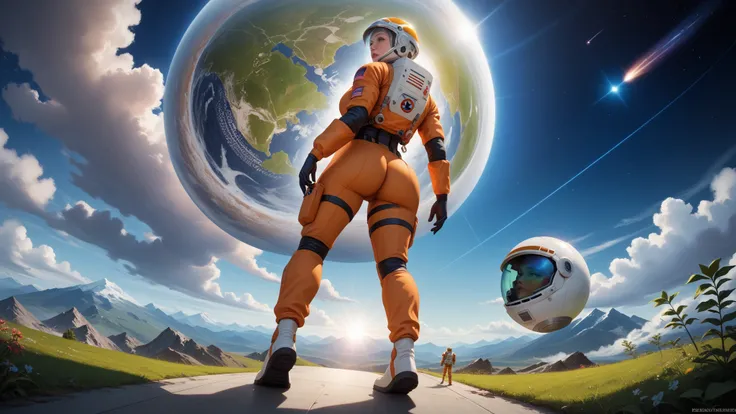 (date:20250212, By:Joulios) (No Man's Sky wallpaper:1.6) Highly detailed RAW color Photo, Rear Angle, Full Body, of (female space astronaut, wearing orange and white space suit, helmet, rebreather, accentuated booty), outdoors, (looking up at advanced alie...