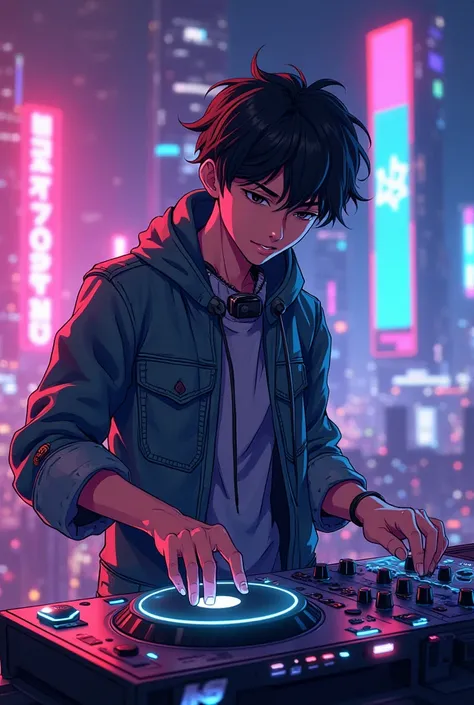 Guy DJ with one of his hand on the disk, in anime art style in landscape