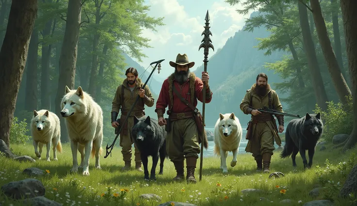 A group of threemen in a lush each of them wiht 3 diffent weapons, crossbow,mage scepter and griffin claws, green forest setting. They are accompanied by 7 wolves, one of them is white and one black those both are in the front. The man in the center, weari...