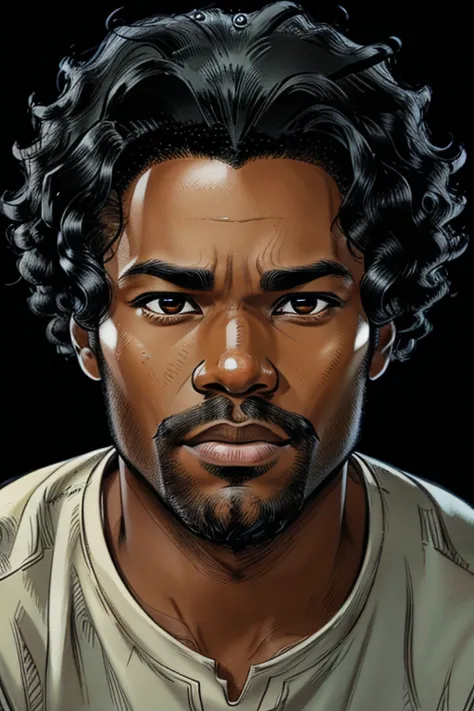 A handsome and pleasant-faced African American male with long curly black hair. The male's facial features are a combo of Sean Patrick Thomas + Donald Glover. Comic-style realism animation mixed with digital painting. Polished and realistic effect. Emphasi...