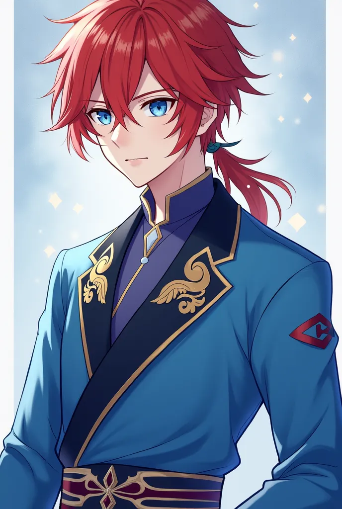 anime image of a young man with red hair and blue eyes in a blue outfit, a character portrait inspired by Huang Shen, trending on cg society, baroque, keqing from genshin impact, genshin impact character, zhongli from genshin impact, genshin, beautiful and...