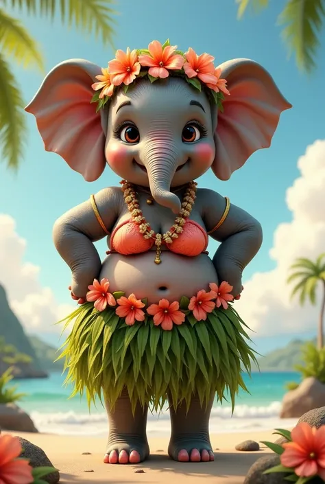 photorealistic portrait of Dressed animals - a ((fat)) (baby elephant) hula dancer,(art by Carne Griffiths),(happy smile:1.2),(), high quality,(lovely) 8hands on hips),, ((female hula dance costume)) ,highly detailed flower decorations, wearing bikini top ...