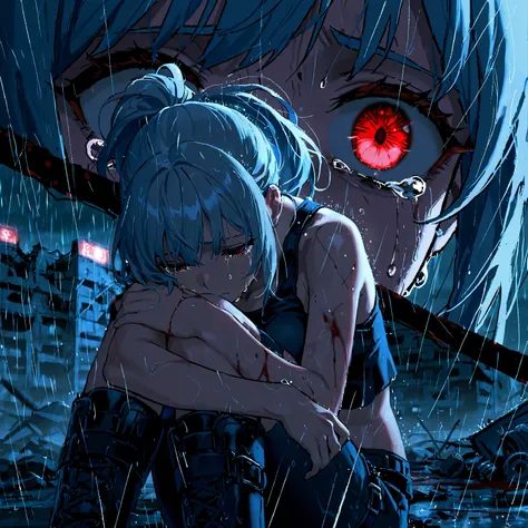 1 girl,hair ponytail bangs light blue, RED EYES, crop top,boots,Arm,Destroyed City scenario ,Pose clutching his injured arm,Lost Gaze in Shock,rain,very injured ,blood,Arm espadon,end of the world,Perdio, view Close-up , sad,crying,hugging her fallen frien...