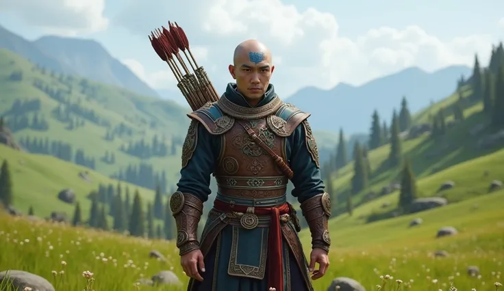 Create an image of a Chinese bald man as the main character in a game inspired by Horizon Zero Dawn. The man should wear an authentic armor set from the game, detailed with intricate designs and earthy tones, similar to Aloy's. His face should feature subt...