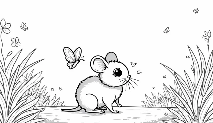 Create a black and white image suitable for a ren's coloring book, featuring an adorably drawn, realistic, yet cartoon-like Jerboa. The scene is set in a naturally occurring Jerboa habitat, including exotic plants and flowers. The Jerboa should be depicted...