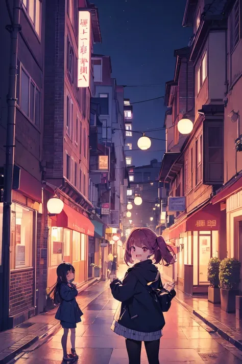 「On a street corner at night、 a woman suddenly throws a water balloon at her friend through the shadow of a street lamp、 the moment her partner is surprised 。 she smiles satisfactorily 、 holding another water balloon in her hand 。 the night cityscape and p...