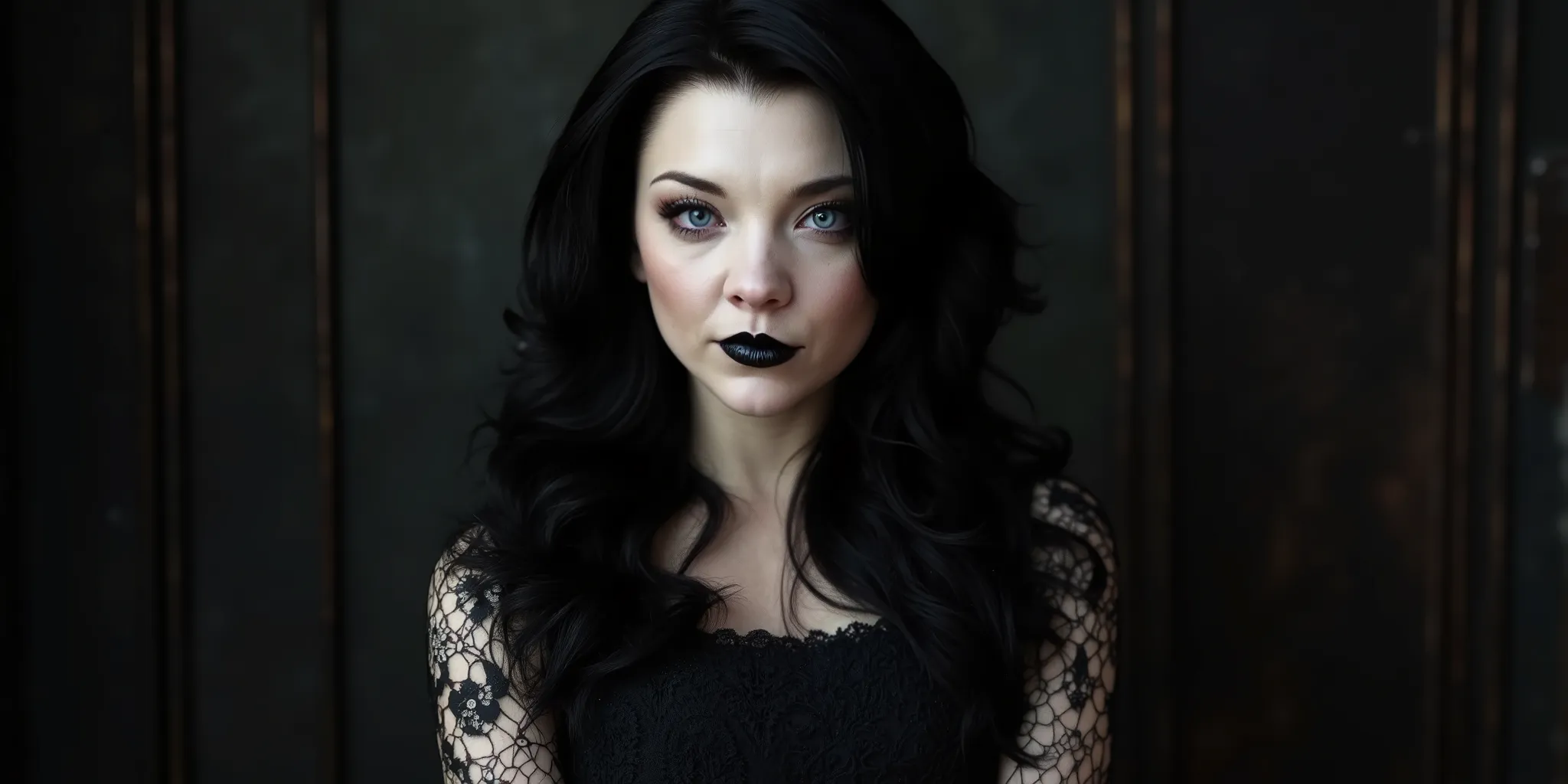 A stunning image of a gothic female. Gothic black hair, dark eyeshadow, dark lips. Cheeky grin. Sparkling eyes. Wearing a glamourous lacy dress. 