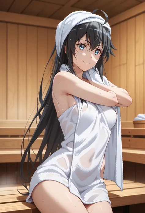  better quality,  masterpiece, excellent proportions, Yukino Yukinoshita,  black hair, ( black hair ),  blue eyes,  long hair, Ahoge,  nude towel, ( wearing only a towel), (Hair and wet skin ),  sauna, hot springs ,  light smile, (posture with arm extended...