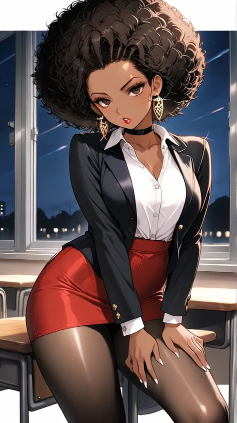 1Woman, Mature, Adult, Ebony, African American, Dark Brown Skin, Jet Black Curly Afro, Afro Pulled Back, Shiny Hair, Forehead, Dark Brown Eyes, White Nails, Red Lips, Dark Brown Eye Shadow, Red Mini-Skirt, Black Blazer Jacket, White Inner Shirt, Black Pant...