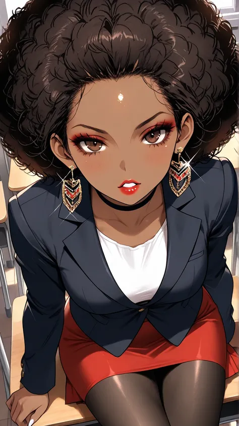 1Woman, Mature, Adult, Ebony, African American, Dark Brown Skin, Jet Black Curly Afro, Afro Pulled Back, Shiny Hair, Forehead, Dark Brown Eyes, White Nails, Red Lips, Dark Brown Eye Shadow, Red Mini-Skirt, Black Blazer Jacket, White Inner Shirt, Black Pant...