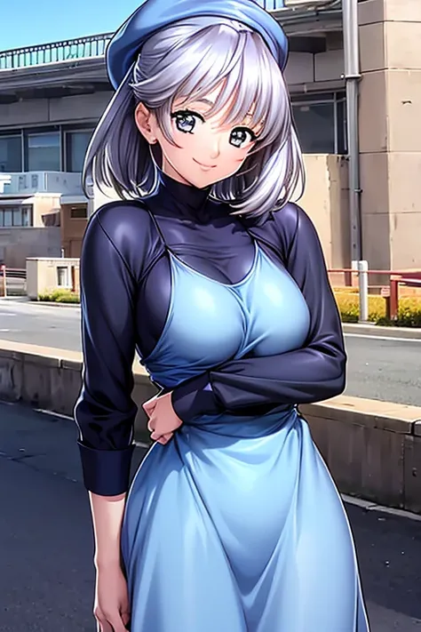 a girl, glamor, (best quality), (masterpiece), (((portrait))), (((Confident Stance))), silver fitted dress, smile, medium breasts, The scene is set on a bright daytime street, with clear blue skies and city elements in the background. 