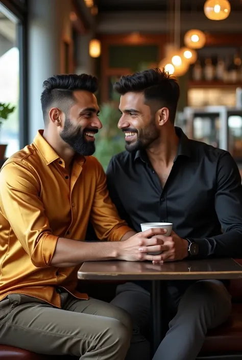 Two adult hot Indian Tamil men, with hot muscular body, one man wear shinny golden silk formal shirt dress, another man wear silk black shirt formal dress, both dating,sit in the luxury coffee shop, perfect handsome face, drink coffee, look at camera, hold...