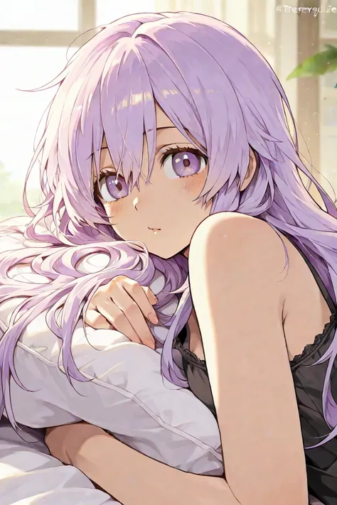 The everyday life of a girl with super long light purple hair and light purple eyes relaxing