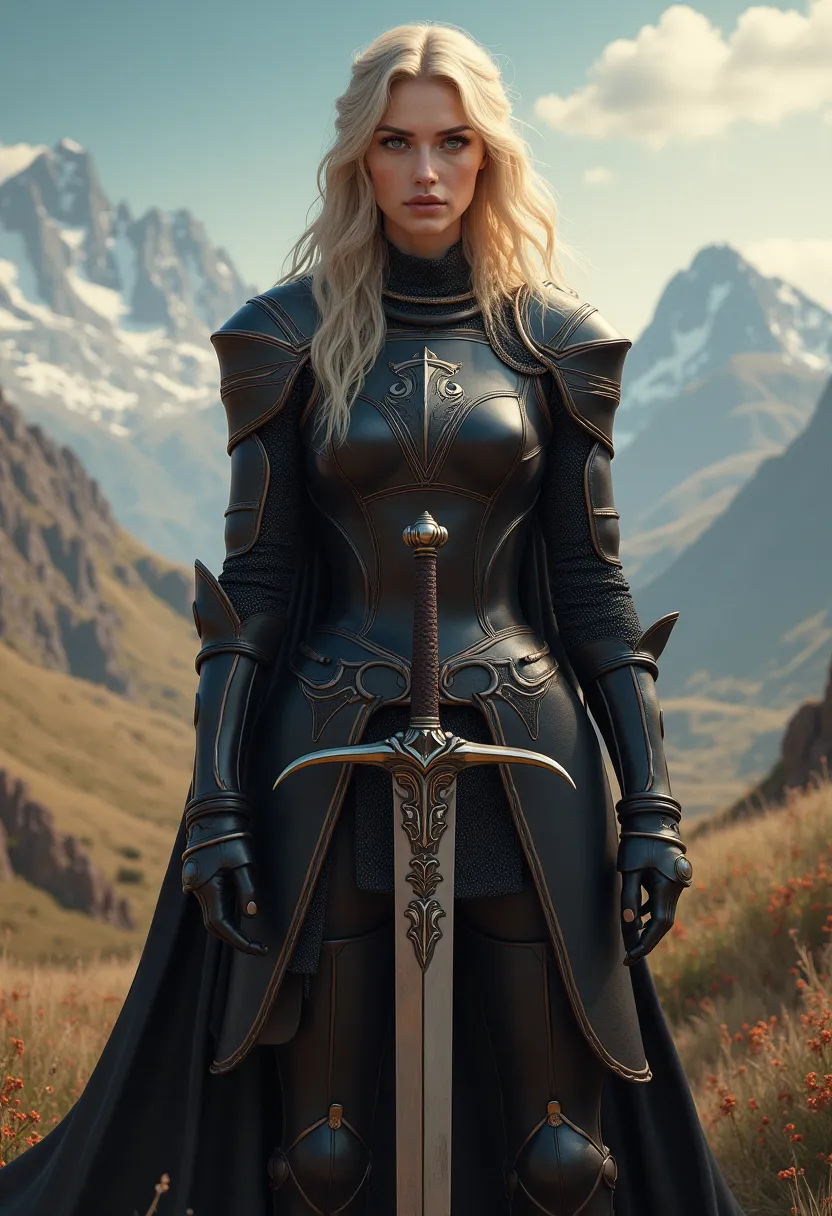 Beautiful girl knight.  long blond hair. black leather armor. 