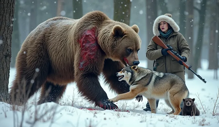 A dramatic and intense winter scene in a snow-covered forest. A massive, powerful grizzly bear, wounded and covered in blood, is engaged in a fierce battle with a large, aggressive wolf. The wolf is lunging at the bear with its fangs bared, its fur also bl...