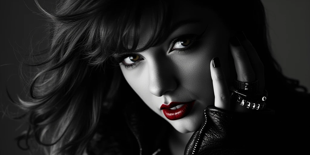 The image is a striking noir poster featuring a stunning escort girl, captured in a dramatic close-up that emphasizes her gothic punk aesthetic. Dressed in a sleek leather outfit, her flawless face is illuminated by chiaroscuro lighting, creating deep cont...