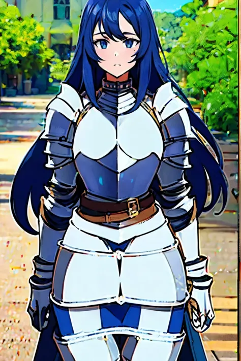 (((unshaded image, unshaded face, unshaded armor, face fully illuminated:1.3))), ((((((Pure White Armor)))))), (((black arm stocking))), hyper detailed face, masterpiece, best quality,  1girl , Alone, adult face, fearless face, deep dark blue hair, long ha...