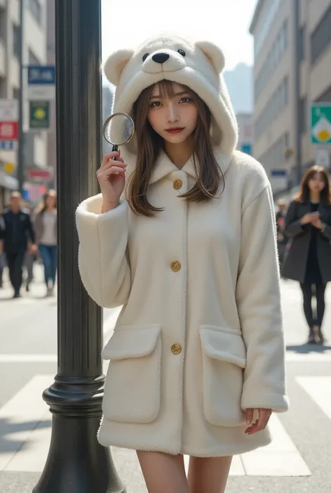 Japanese cameraman ,  perfect drape composition  ,  proper placement in office clothes,  golden ratio,  masterpiece,   top quality,  front view:1.331,  Knee Shot , dramatic,  cinematic  ,    , I have a large magnifying glass:1.331,  cute dog-like costume :...