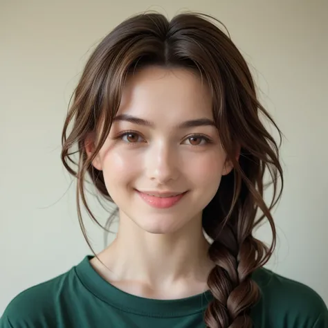 mutsumi otohime, long hair, brown hair, brown eyes, antenna hair, braid, single braid, braided ponytail, realistic antenna hair, antenna hair looks like real hair, amazingly beautiful face, realistic japanese female face, 100% japanese face, light cosmetic...