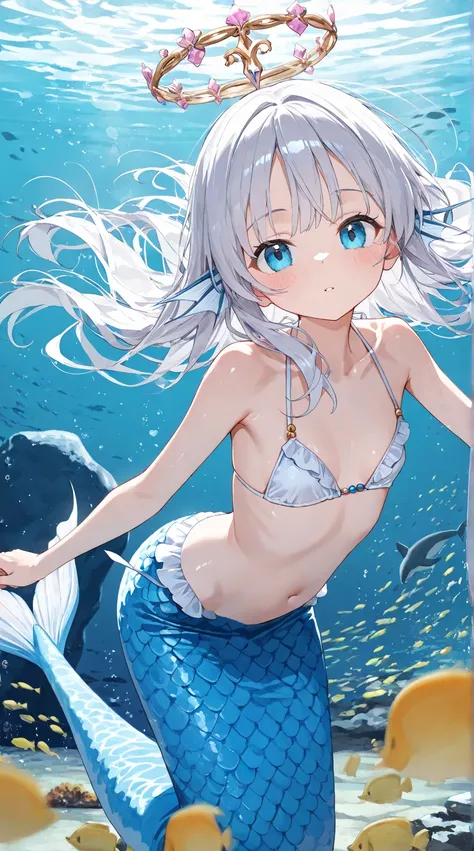 bokeh processing:1.3, motion blur, motion line, mermaid, string bikini top, ocean, underwater, swimming, Plenty of fish、whale、Dolphin、Plesiosaurus、 in crystal clear sea,( slim, cute young woman,  Long side bangs),delicate beautiful eyes , high definition ,...