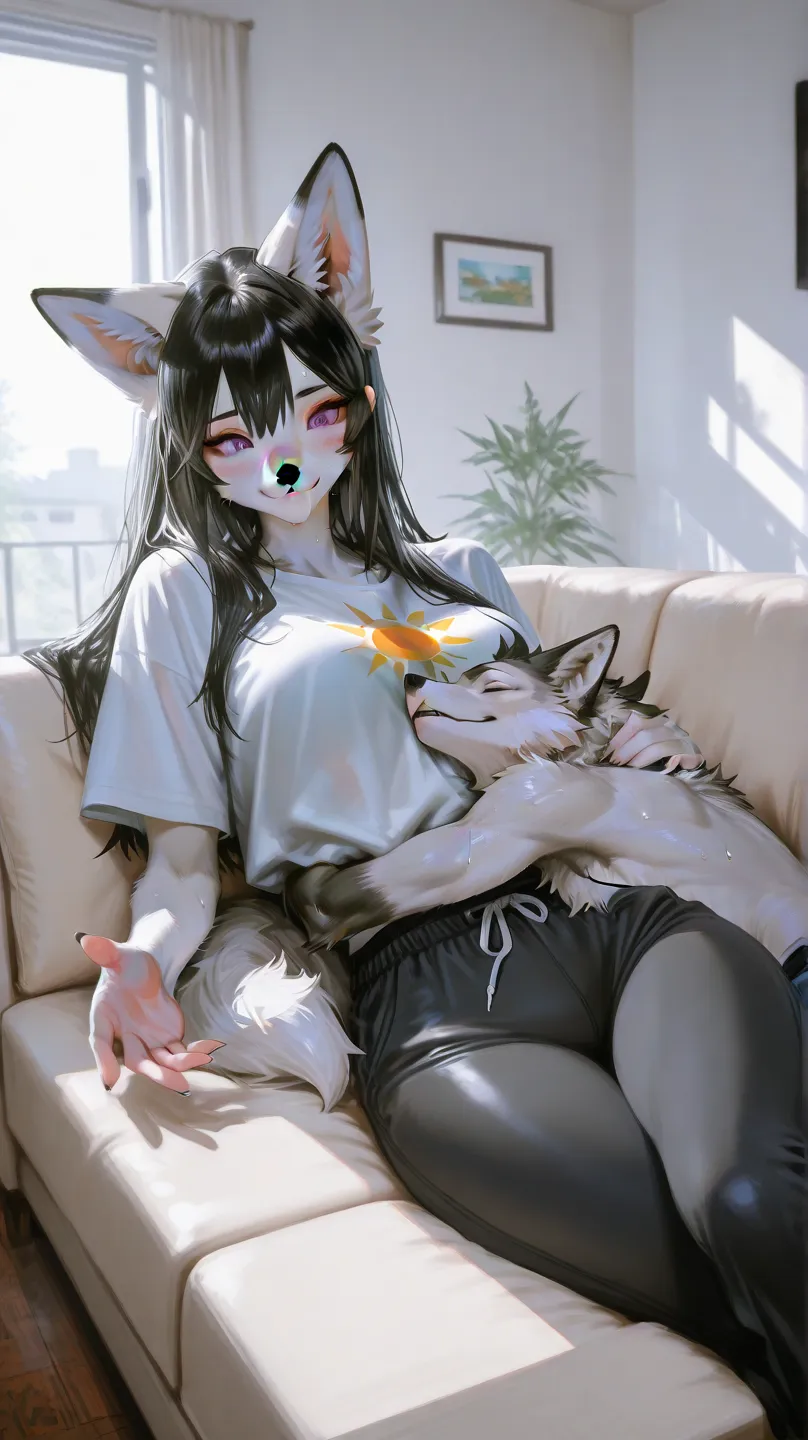 Living room, white couch, day time, sun shining, window, male furry holding female furry, purple eyes, black hair, black hair, straight hair, long hair, hair reaching the floor, furry snout, all spikey hair, medium breast, wolf furry, black hair, sexy wolf...