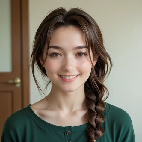 mutsumi otohime, long hair, brown hair, brown eyes, antenna hair, braid, single braid, braided ponytail, realistic antenna hair, antenna hair looks like real hair, amazingly beautiful face, realistic japanese female face, 100% japanese face, light cosmetic...