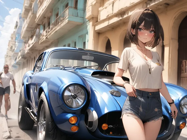 (masterpiece, detailed:1.2), One Girl, (18-years old), brown long Bob Cut, Medium Breasts, Tattered denim, BREAK, Highest quality, in Cuba, BREAK, standing next to '13 Shelby Cobra GT500,