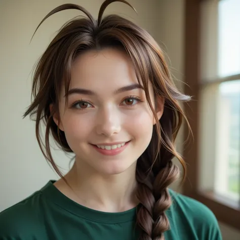 mutsumi otohime, long hair, brown hair, brown eyes, antenna hair, braid, single braid, braided ponytail, realistic antenna hair, antenna hair looks like real hair, amazingly beautiful face, realistic japanese female face, 100% japanese face, light cosmetic...