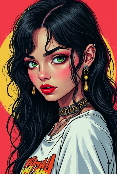 In comic style, a age girl with long wavy black hair ,Red lips , green eyes and white tea wearing a rocker style and with eyebrow piercings and earrings