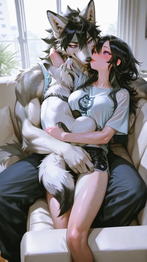 Living room, white couch, day time, sun shining, window, male furry holding female furry, purple eyes, black hair, black hair, long hair, hair reaching the floor, furry snout, all spikey hair, medium breast, wolf furry, black hair, sexy wolf furry, blushin...