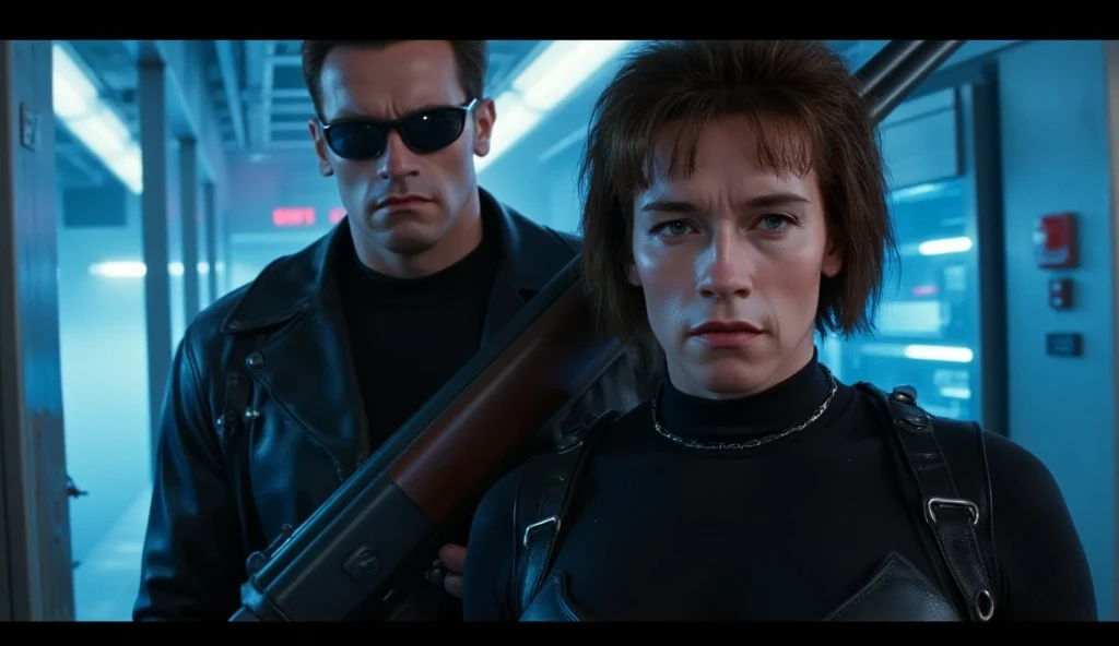 The T-800 and Sarah Connor infiltrate the Cyberdyne Systems building, their faces illuminated by the glow of computer screens. Sarah with huge breasts wears a black tactical outfit, her short hair framing her intense expression. The T-800 carries a heavy a...