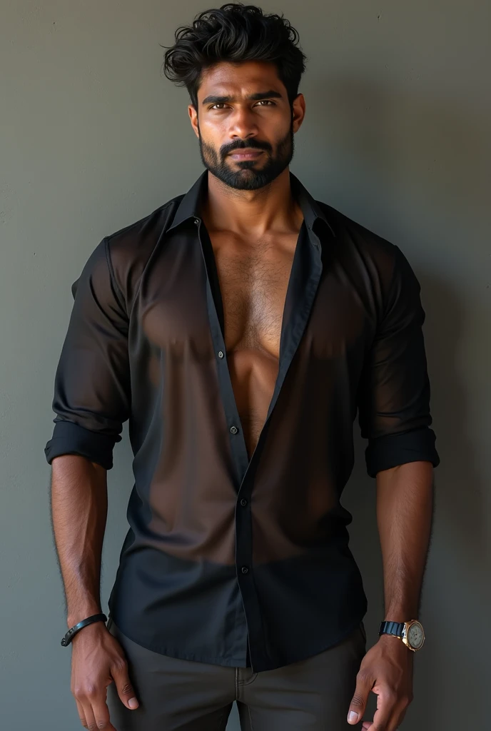 Indian man (Telegu), 20 years old, Handsome and elegant,beardless, Wearing a  transparent black shirt, sexy , Masculine and handsome，musculous，Muscles look good，hairy bodies, with fair skin,, Full body photo,(ultra-detailed, photorealistic, best quality, 4...