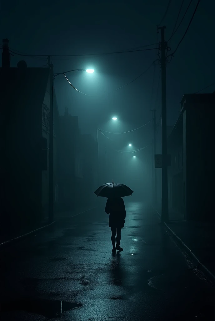 Create a dark and moody image for a Spotify playlist titled **"Midnight Melancholy."** The image should evoke feelings of loneliness, introspection, and sadness, fitting for a late-night playlist.  

### **Image Details:**  
- A dimly lit street at midnigh...