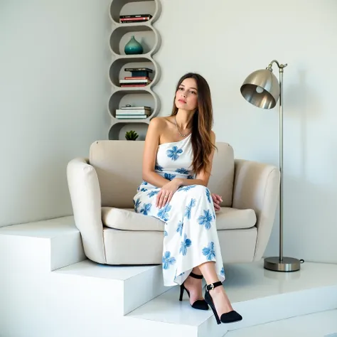  a woman of ideal posture and long brown hair that unravels,  sits confidently on a sofa elevated above the podium with several steps in the foreground.  She was wearing a white one-shoulder dress with blue flowers. The dress is mermaid cut. He complemente...