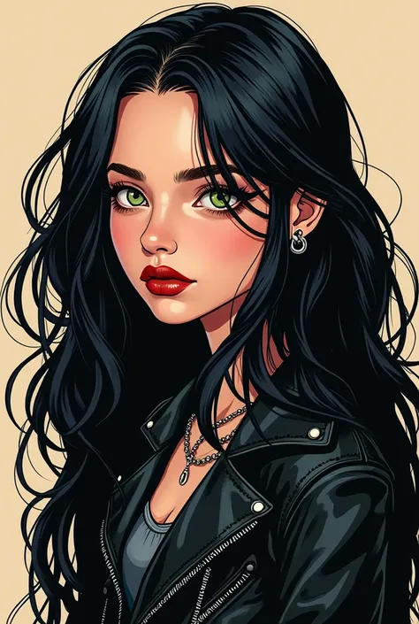 In comic style, a age girl with long, wavy black hair,WITHOUT FRINGE,Red lips ,green eyes and white tea wearing a rocker style with a black leather jacket and with eyebrow piercing and earrings, I would be 