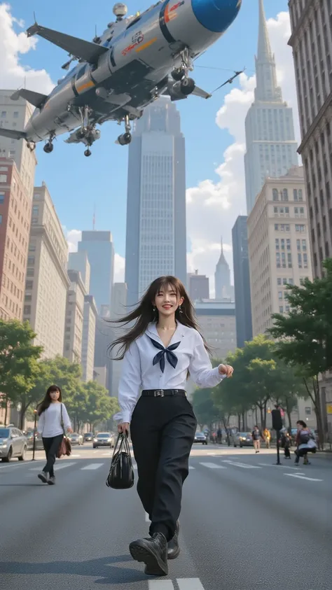 While running on the road,  smiling face , Future City ,airship floating in the air, anatomically precise, ACCURATE DETAILS ,Harmonized background,High definition