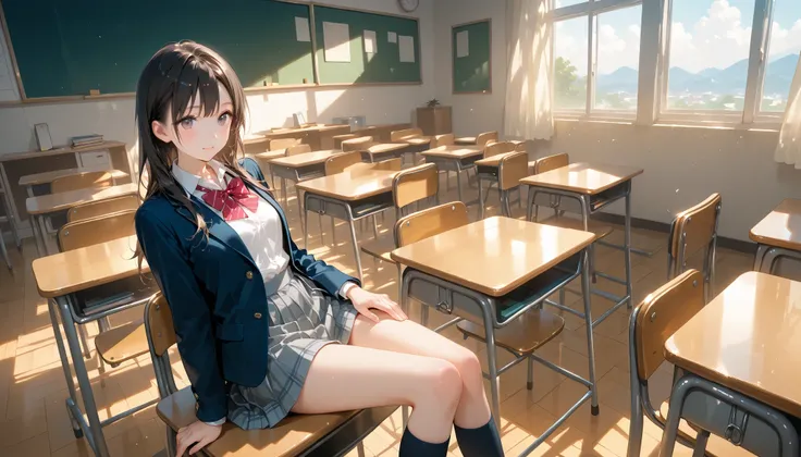 A woman is sitting on her desk in her classroom, high quality, 4k