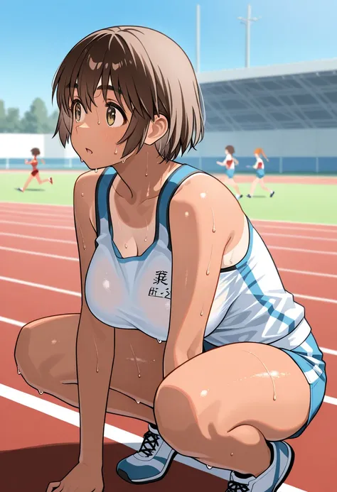  masterpiece,  top quality, 32K,  high res,   is ridiculous, ayase fuuka、Big Breasts、tank top track and field uniform、 Technical player、、 3 girls、sweat、Outdoors、calisthenics、tanline. side view、Running、 crouching、