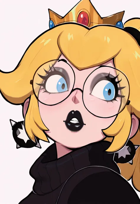 masterpiece, best quality, absurdres, very aesthetic, 1girl, solo, princess peach, portrait, ponytail, black lips, goth fashion, black sweater, round eyewear, parted lips, blonde hair, spiked hair tie, white background, crown