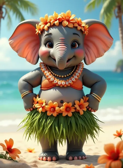 photorealistic portrait of Dressed animals - a ((fat)) (baby elephant) hula dancer,(art by Carne Griffiths),(happy smile:1.2),(), high quality,(lovely) 8hands on hips),, ((female hula dance costume)) ,highly detailed flower decorations, wearing bikini top ...