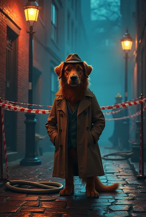 Dog detective in crime scene, brown long jacket and detective hat, cordon area on the street, blue and red flash light, brick road and brick wall, lamp stand. fire hose, wet street, dim light on dog detective