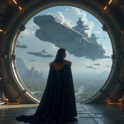 young handsome man age 18, with long black brown hair wearing black noble royal military black cape, standing inside huge space station with big city and garden view far from outside space, beautiful stars, many fighter space ships lining up above in the s...