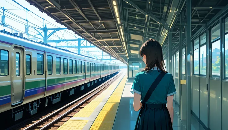 A woman is standing at a train station waiting for train, high quality, 4k