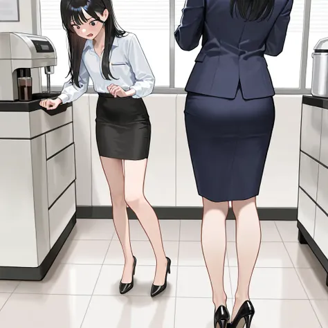 masterpiece, best quality, amazing quality, very aesthetic, absurdres, newest, single frame, office break room, modern corporate setting, bright fluorescent lighting, 2girls, young korean women, slim, early 20s, standing position, facing each other, navy b...