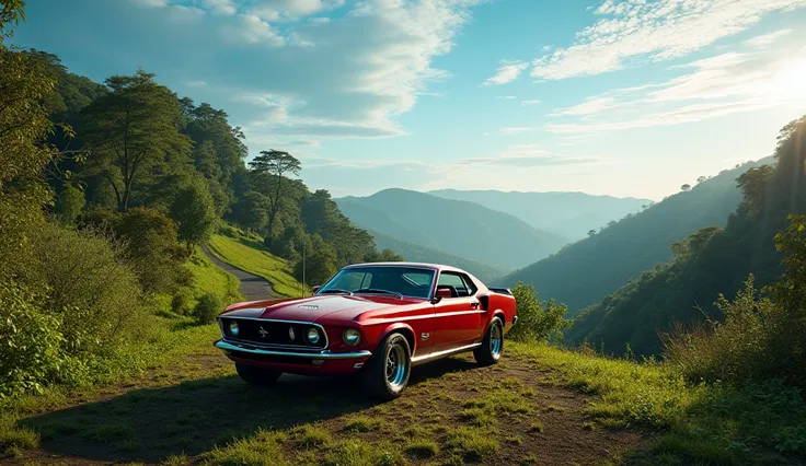 A classic 1969 Ford Mustang parked at the peak of a hill within a beautiful nature park. The vehicle is in pristine condition, gleaming under the sunlight. The park surrounds it with lush vegetation and a variety of trees of different species. The road tha...