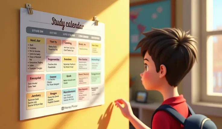 A study calendar pinned to a wall, color-coded with designated time slots for studying, gym, and relaxation. The organization looks visually appealing, with different subjects assigned to specific days. A student in the background checks the schedule, look...