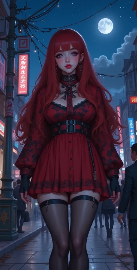  High definition,  best quality,  high detail,  high quality, full length ,full frame, Girl,  red hair , Two half-tails,  big breasts,  earrings,  purple eyes , makeup,  light smile , scarlet lips, Red short dress,  black stockings, gothic style,Night stor...