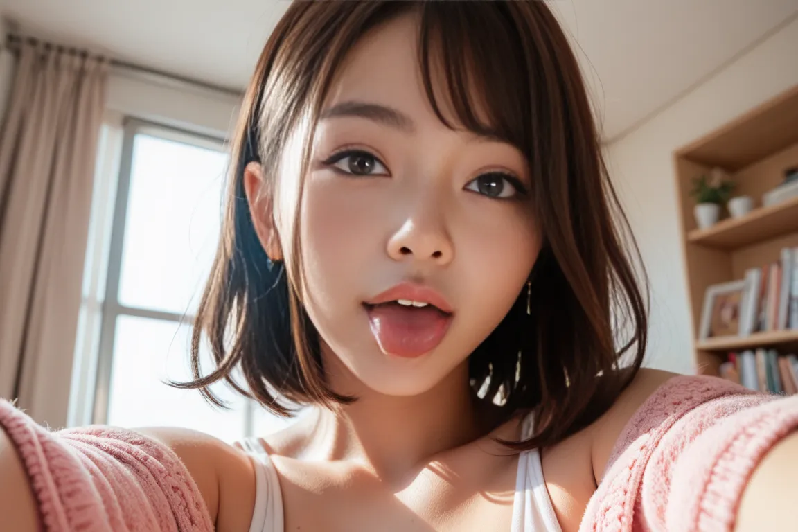  1 girl, solo,  high res, tongue,  medium hair,  Hide Ears , tongueを出す, Selfies